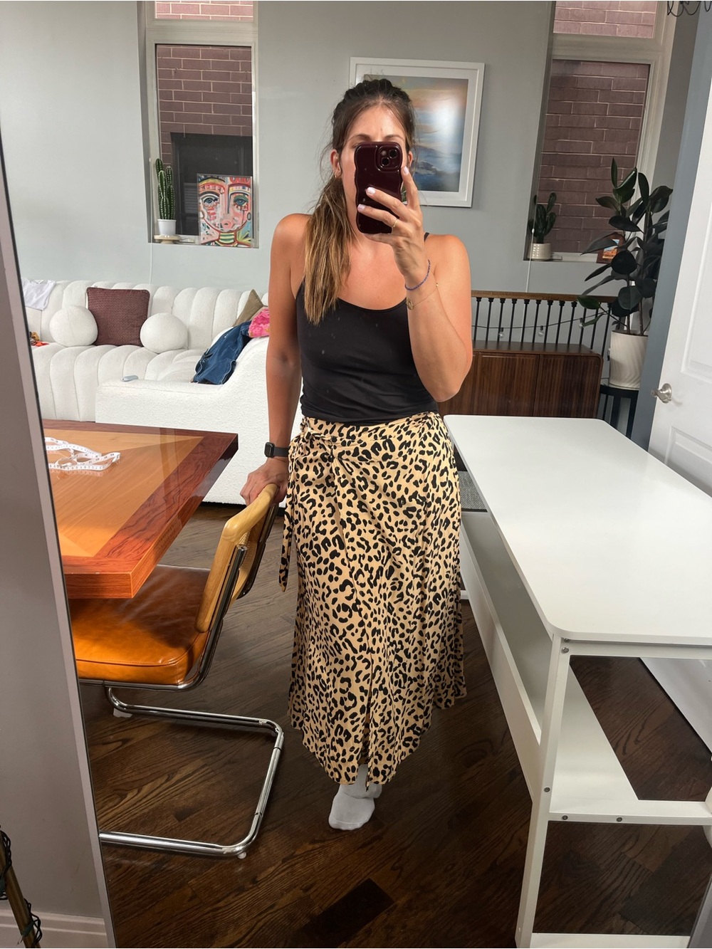Leopard Print Midi adjustable Wrap Skirt - Tan/Black